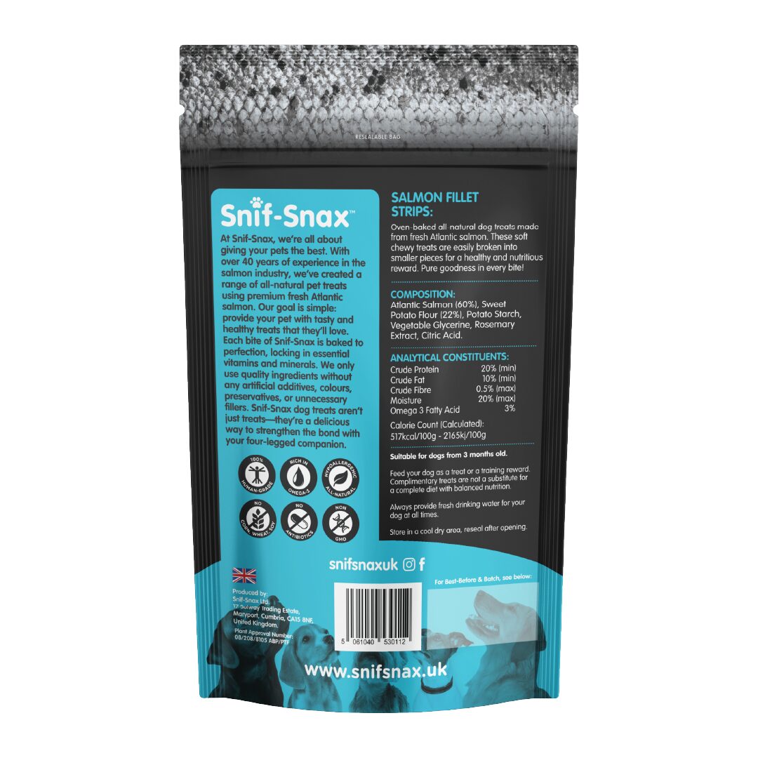snif snax Atlantic Salmon and sweet potato Fillet Strips back of packet